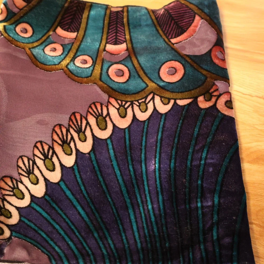 Peacock Velvet Burnoout Scarf Wrap Womens Art Nouveau Artsy Boho Jewel Tone